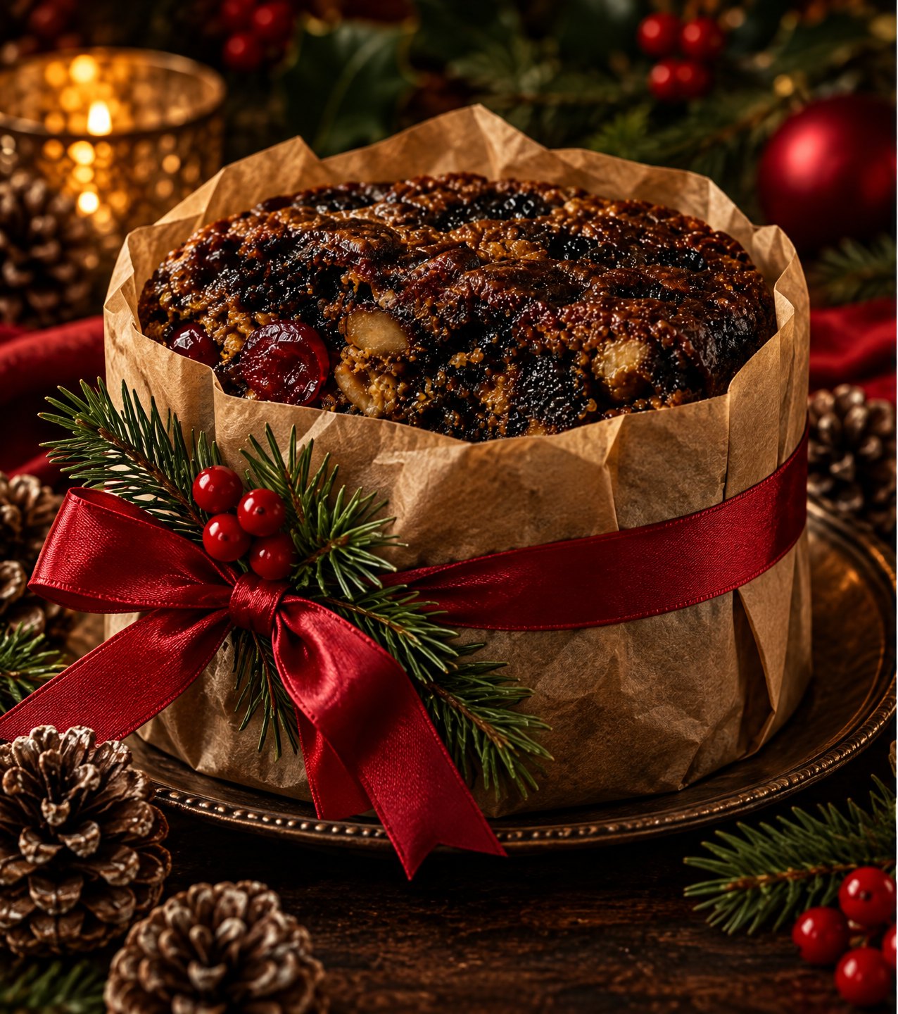 Christmas fruit cake wrapped in traditional festive paper with red ribbon, Johannesburg