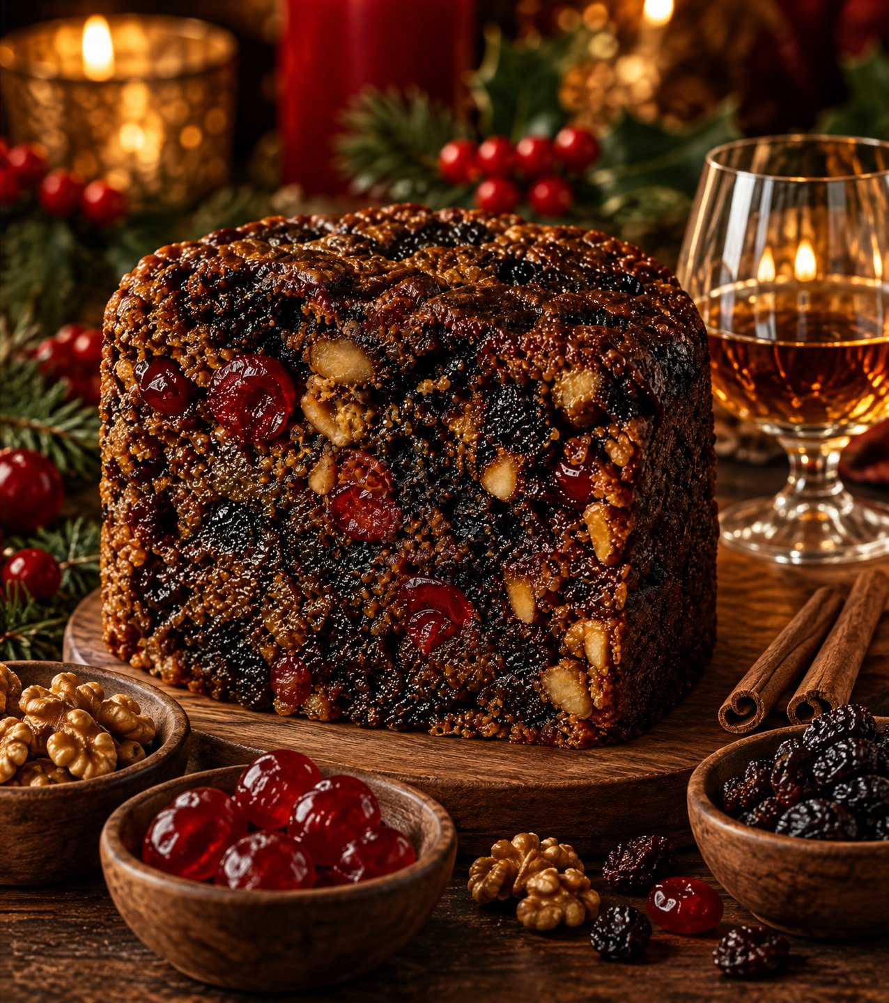 Christmas cake with glacé cherries, walnuts and brandy in Johannesburg kitchen