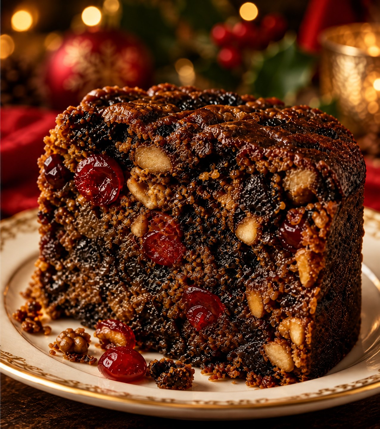 Cut slice of moist brandy Christmas fruit cake with cherries and walnuts