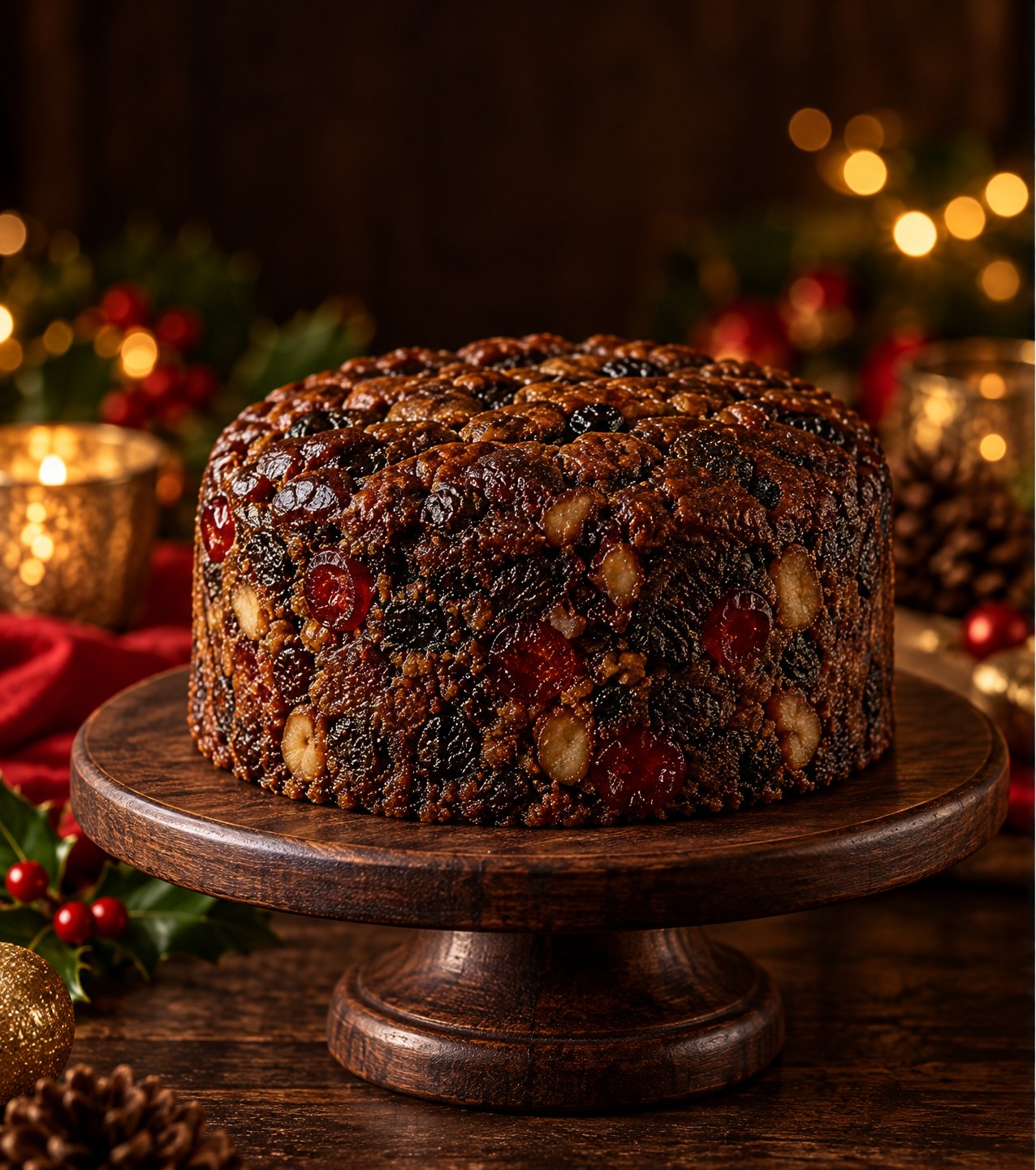 Whole home-made brandy-fed Christmas fruit cake on a wooden stand