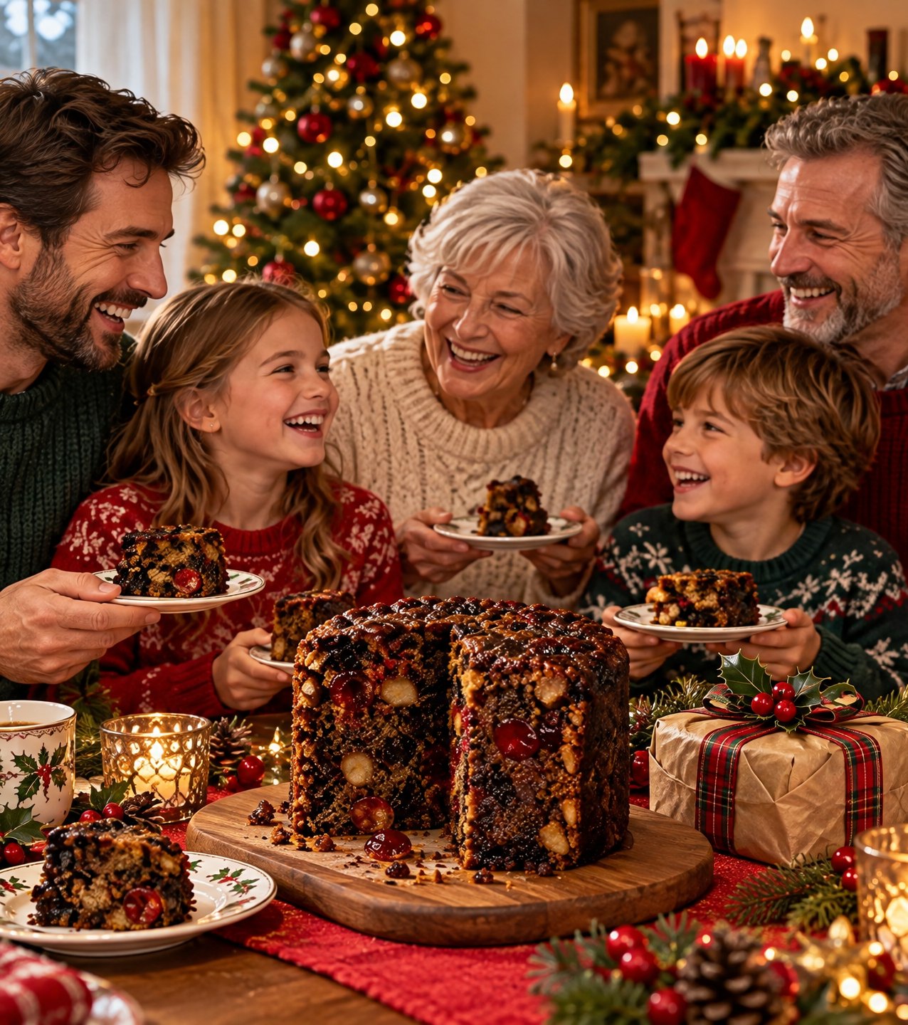Family sharing Christmas fruit cake at a festive table in Johannesburg