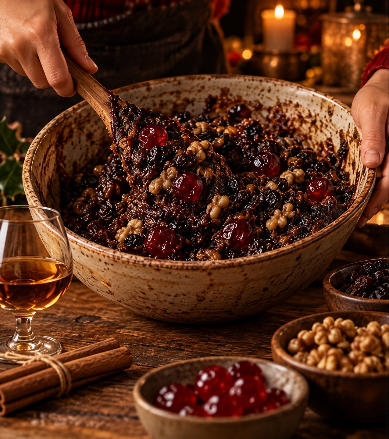 Hands folding home-made Christmas cake batter with fruit and nuts