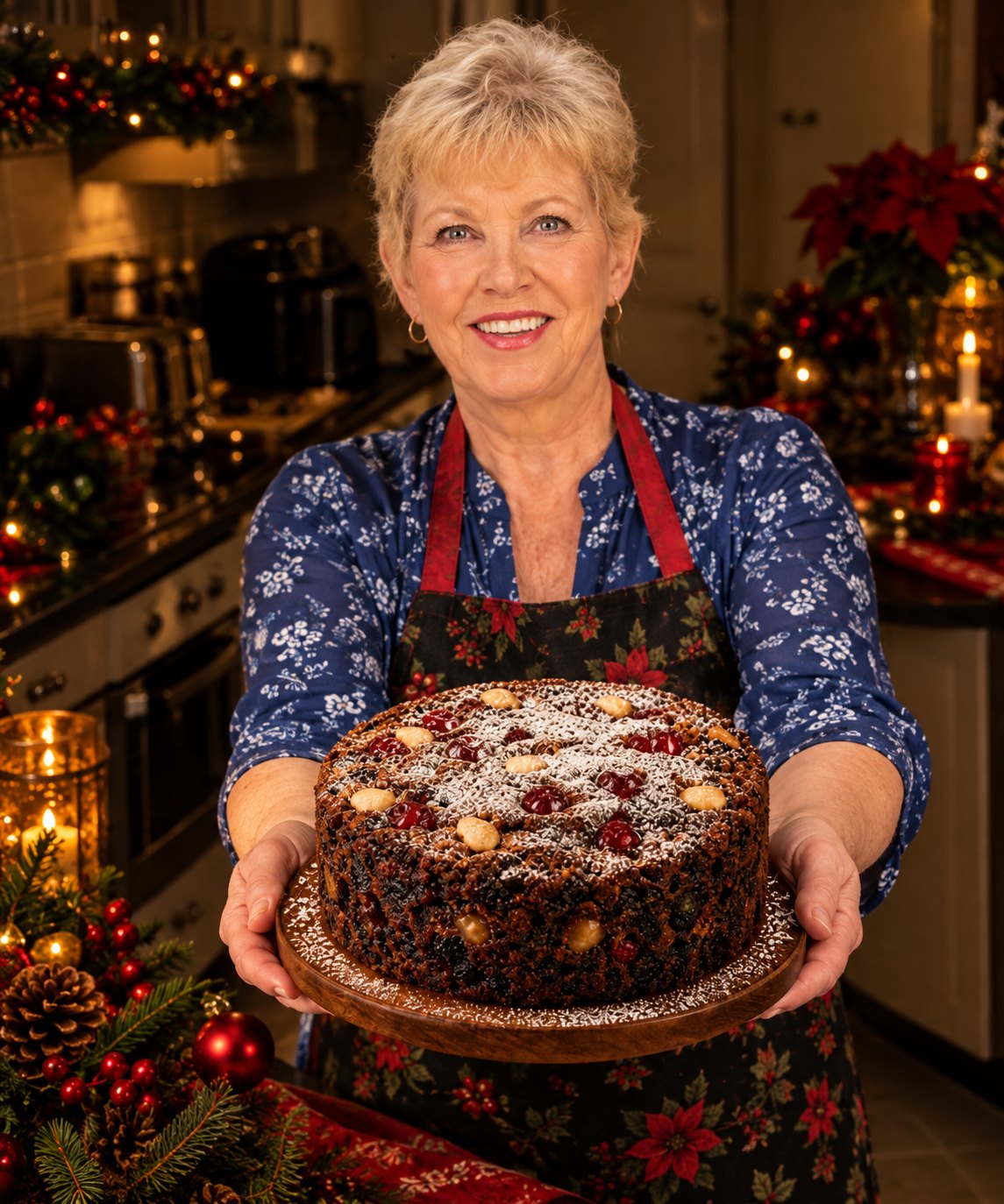 Michele holding out her home-made brandy-fed Christmas fruit cake with glacé cherries and walnuts